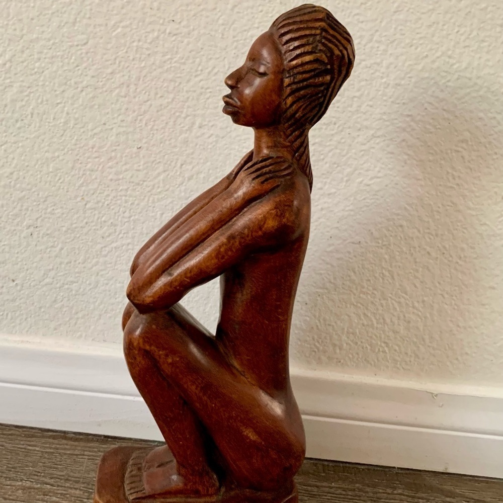 Vintage Women Figure Teak Wood Carving Folk Art